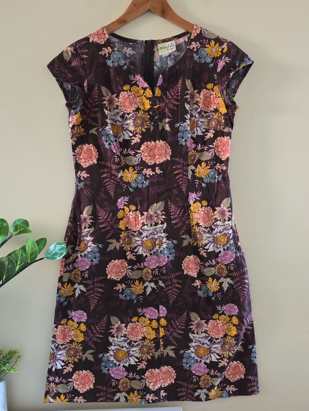 Mandale Design Cap Sleeve Fleur Print A Line Dress W/Pockets - S Made In CANADA